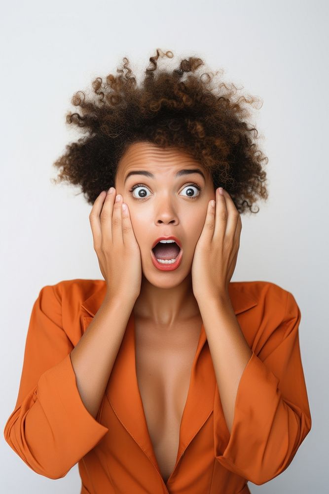 Woman making a surprised face portrait adult white background. AI generated Image by rawpixel.