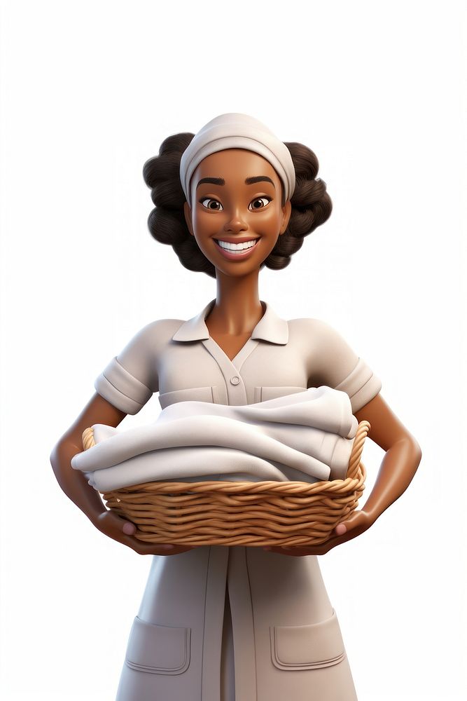 Laundry worker basket smiling holding. 