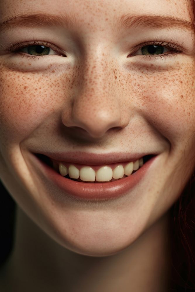 Woman smiling freckle teeth skin. 