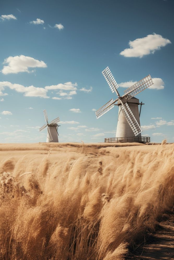 Windmill landscape outdoors grass. AI generated Image by rawpixel.