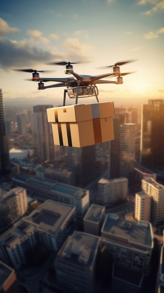 Drone carrying a package architecture helicopter cityscape. AI generated Image by rawpixel.