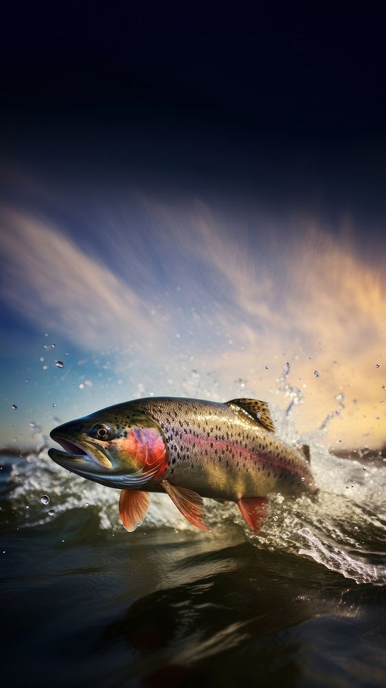 Trout Fish jumping outdoors animal fish. AI generated Image by rawpixel.