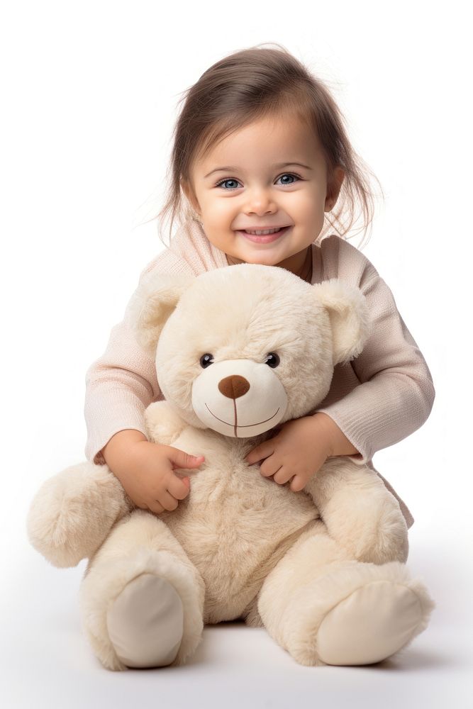 Baby hugging teddy bear portrait sitting photo. AI generated Image by rawpixel.