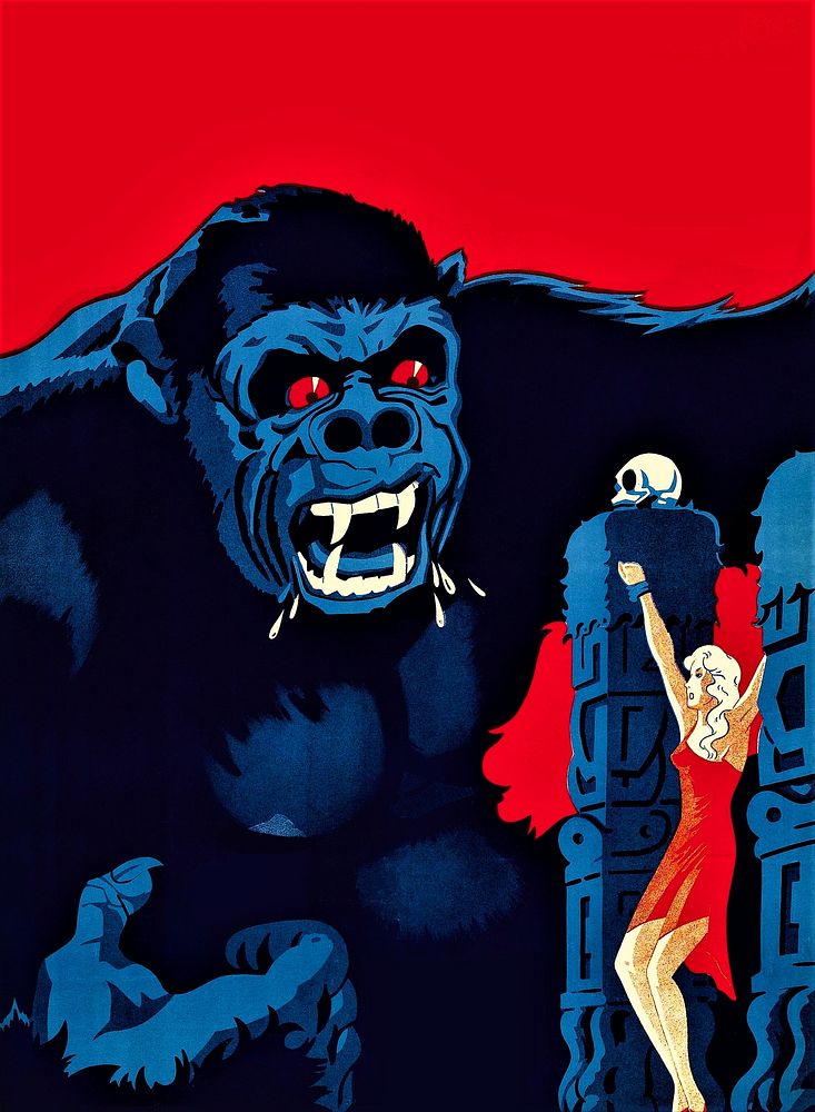 Danish movie poster for King Kong (1933), vintage illustration. Original public domain image from Wikimedia Commons.…