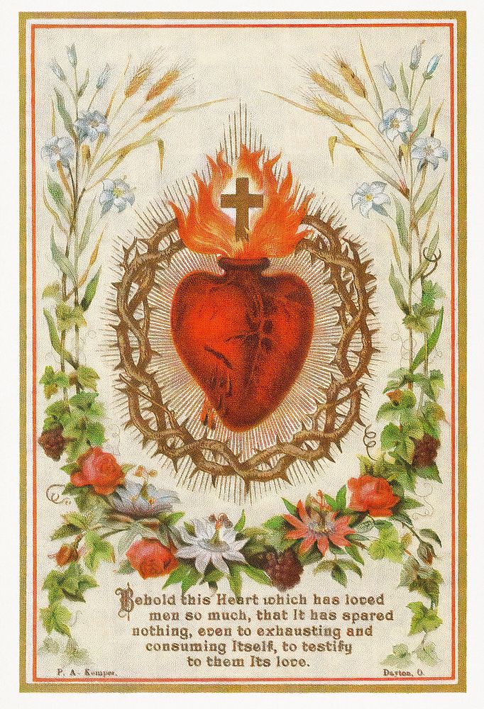 Sacred Heart holy card, vintage religion illustration. Original public domain image from Wikimedia Commons. Digitally…