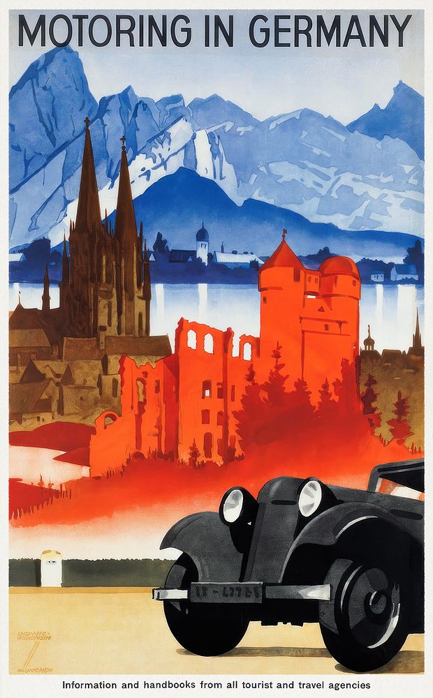Motoring in Germany (1930), vintage poster illustration. Original public domain image from Wikimedia Commons. Digitally…