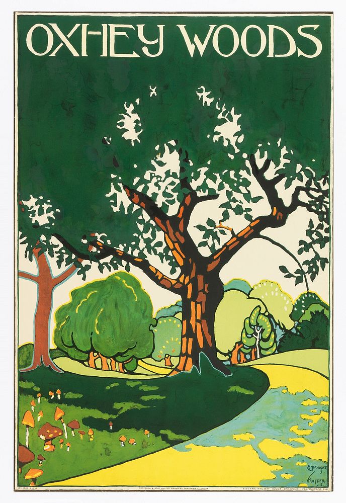 Poster, Oxhey Woods, London Underground (1915), landscape view with rolling hills and path leading through by Edward…