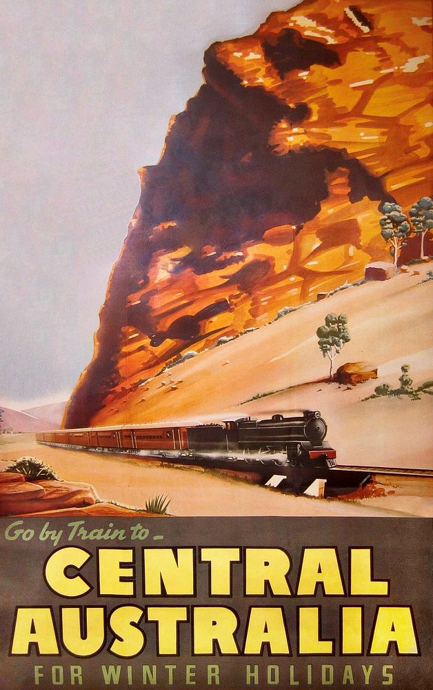 Commonwealth Railways poster -- go by train to Central Australia (1940), vintage train travel poster. Original public domain…