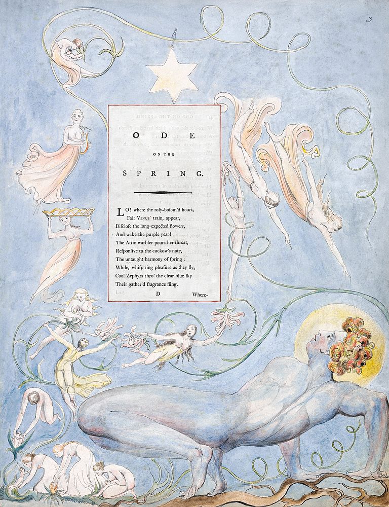 The Poems of Thomas Gray, Design 3, "Ode on the Spring." (1797-1798), vintage illustration by William Blake. Original public…