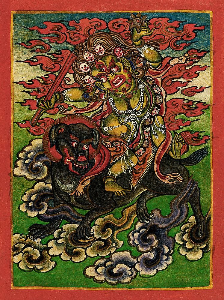 Dakini on a Gray Dog, Nyingmapa Buddhist or Bon Ritual Card (18th-19th century), vintage Tibet God illustration. Original…