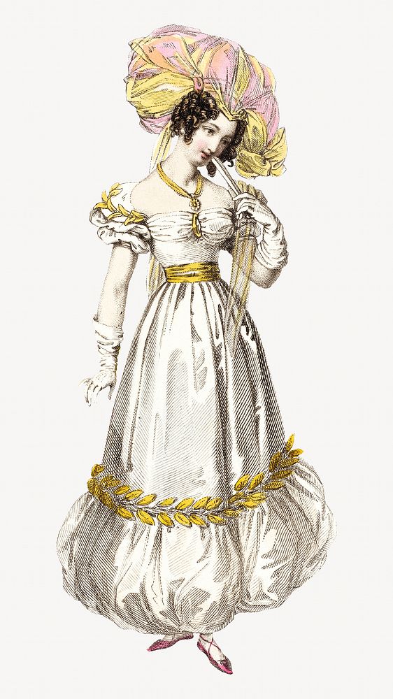 Victorian woman in Evening Dress, vintage illustration by Rudolph Ackermann. Remixed by rawpixel.