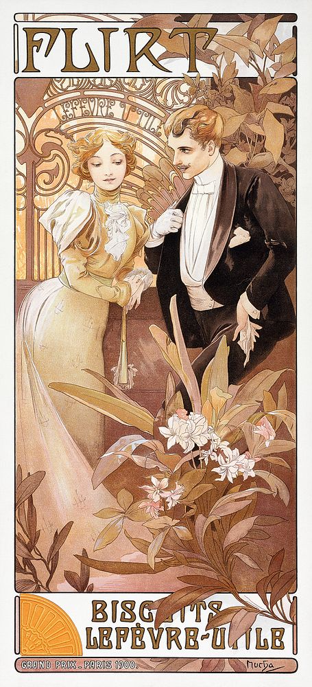 Alphonse Mucha's Flirt (1895-1900), vintage couple illustration. Original public domain image from The Los Angeles County…