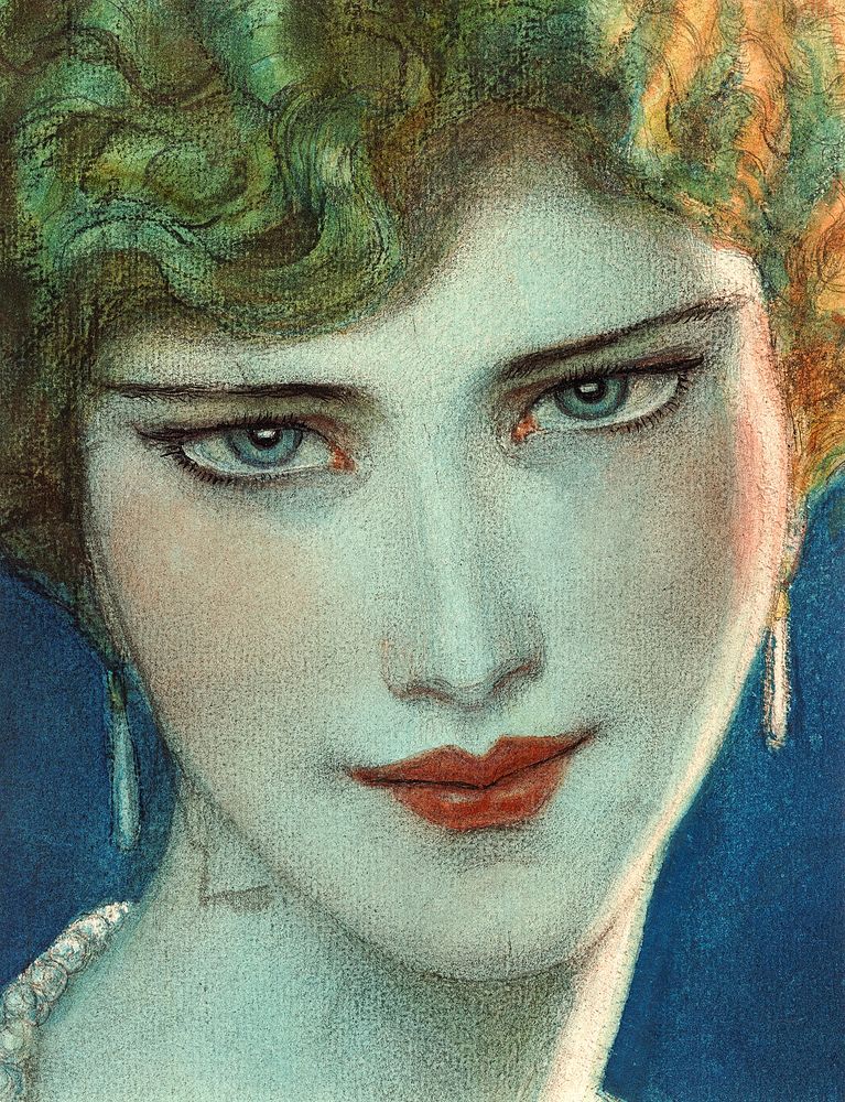 Face of blonde girl with earrings (1923 April), vintage woman illustration by Wladyslaw Theodore Benda. Original public…
