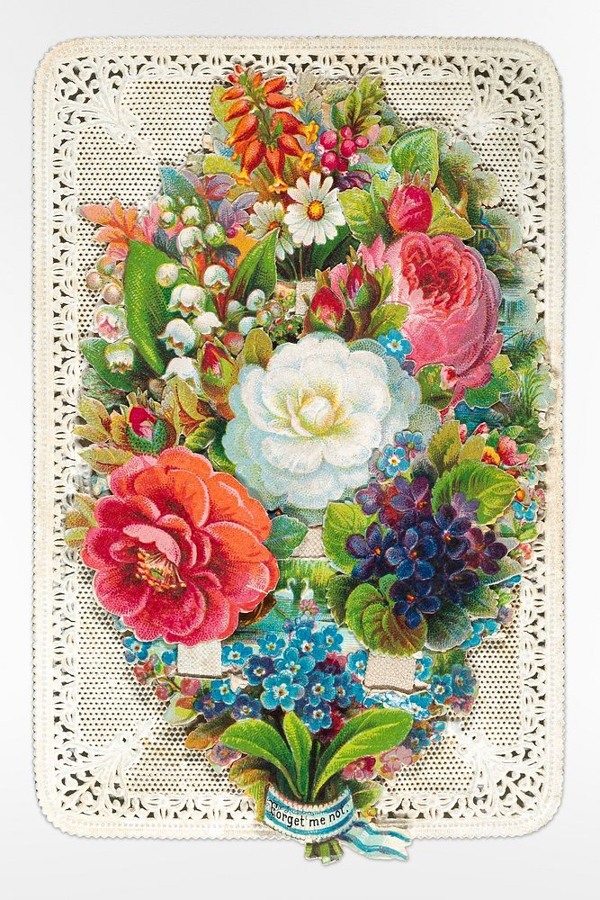 Valentine - Mechanical - flowers reveal happy messages (1875), vintage flower illustration. Original public domain image…