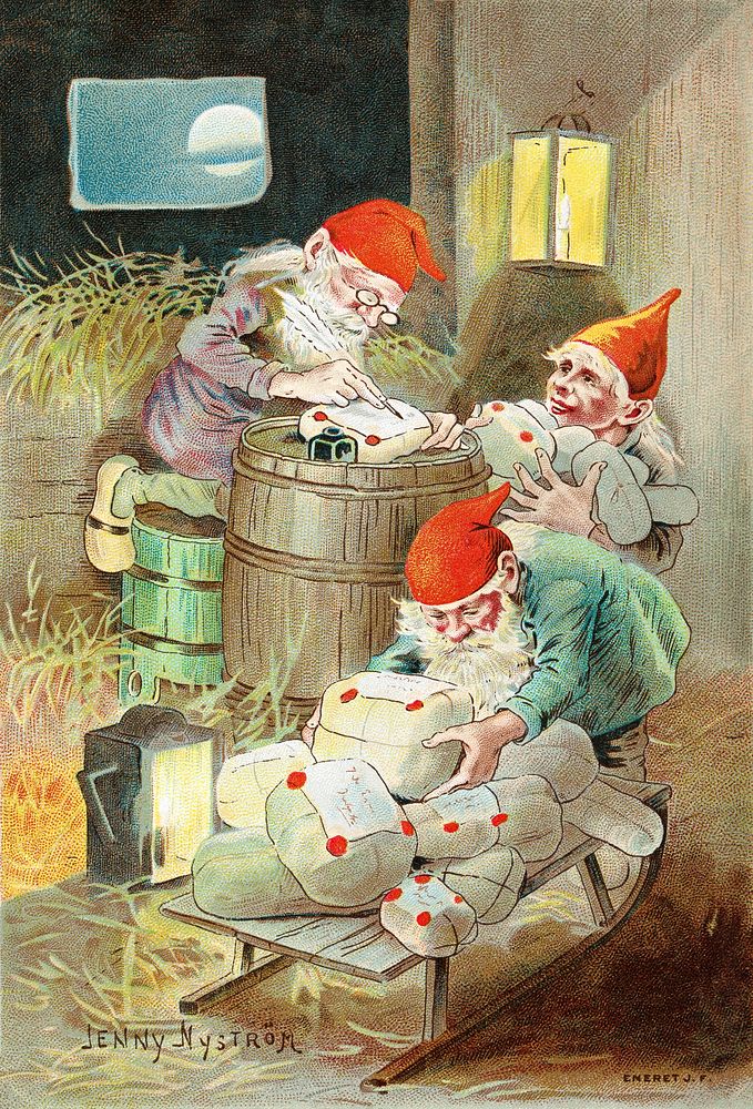 Christmas card by Jenny Nystrom showing the jultomte she popularised. (1899), vintage illustration.  Original public domain…