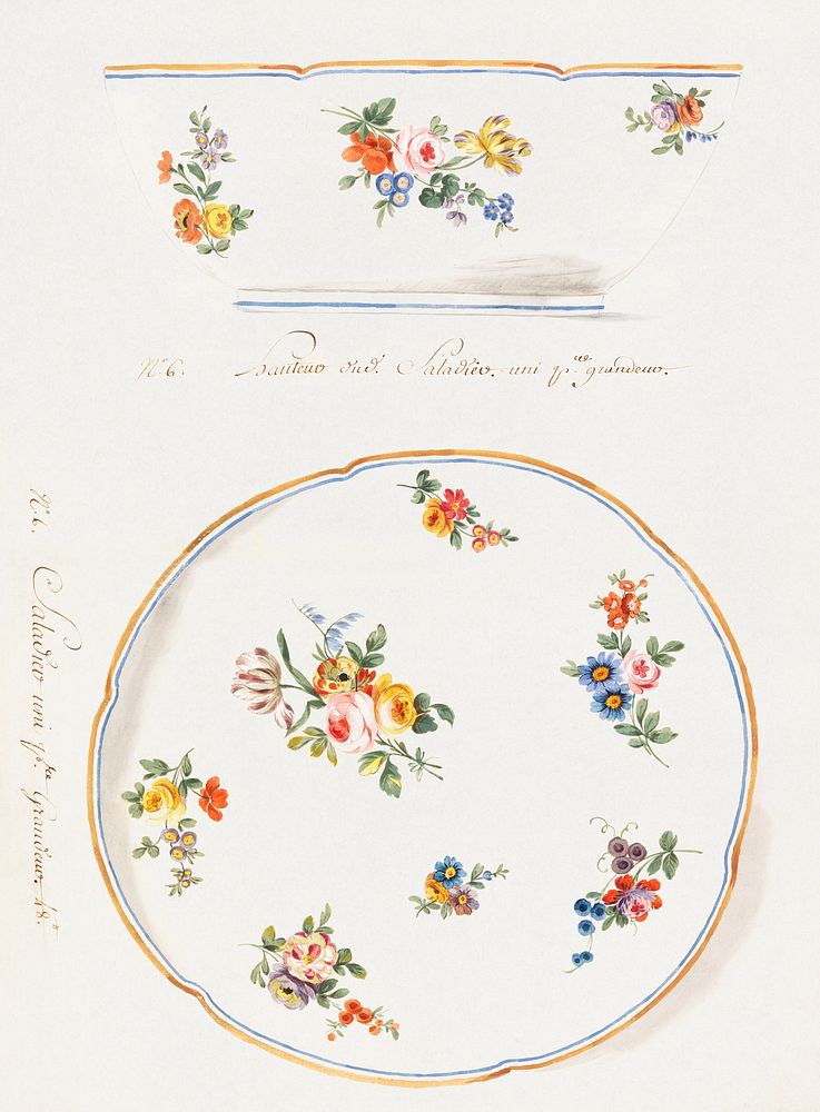Design for a Painted Porcelain Salad Bowl (1775), vintage salad bowl illustration by Jacques-Fran&ccedil;ois Micaud.…