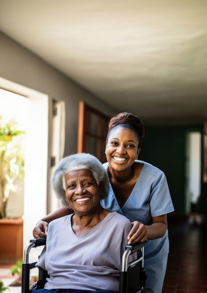 Wheelchair adult nurse togetherness. AI generated Image by rawpixel.