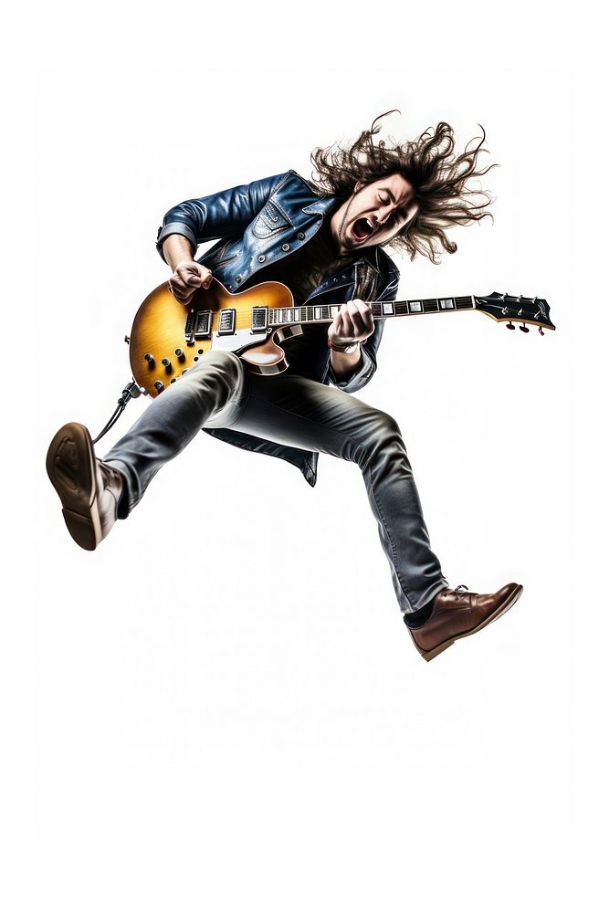 Jumping guitar guy musician adult white background. AI generated Image by rawpixel.