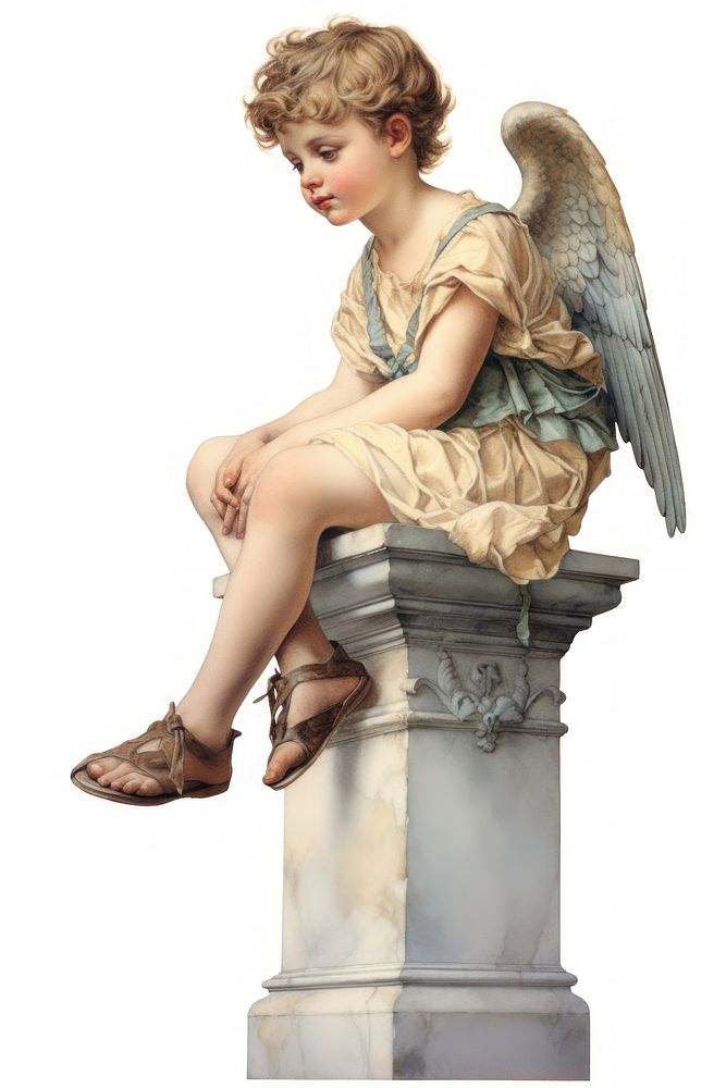 A child angel sitting footwear white background