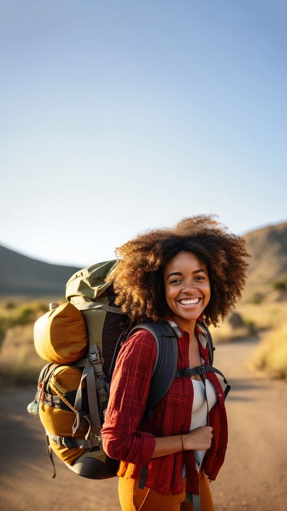 A Africa woman adventure backpack outdoors. AI generated Image by rawpixel.
