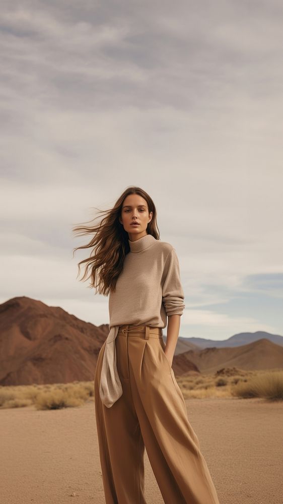 A woman standing wearing a minimal colorful outfit outdoors desert nature. AI generated Image by rawpixel.