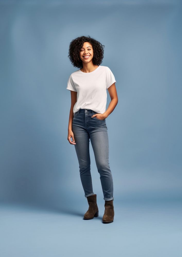 American-asian woman standing t-shirt jeans. 