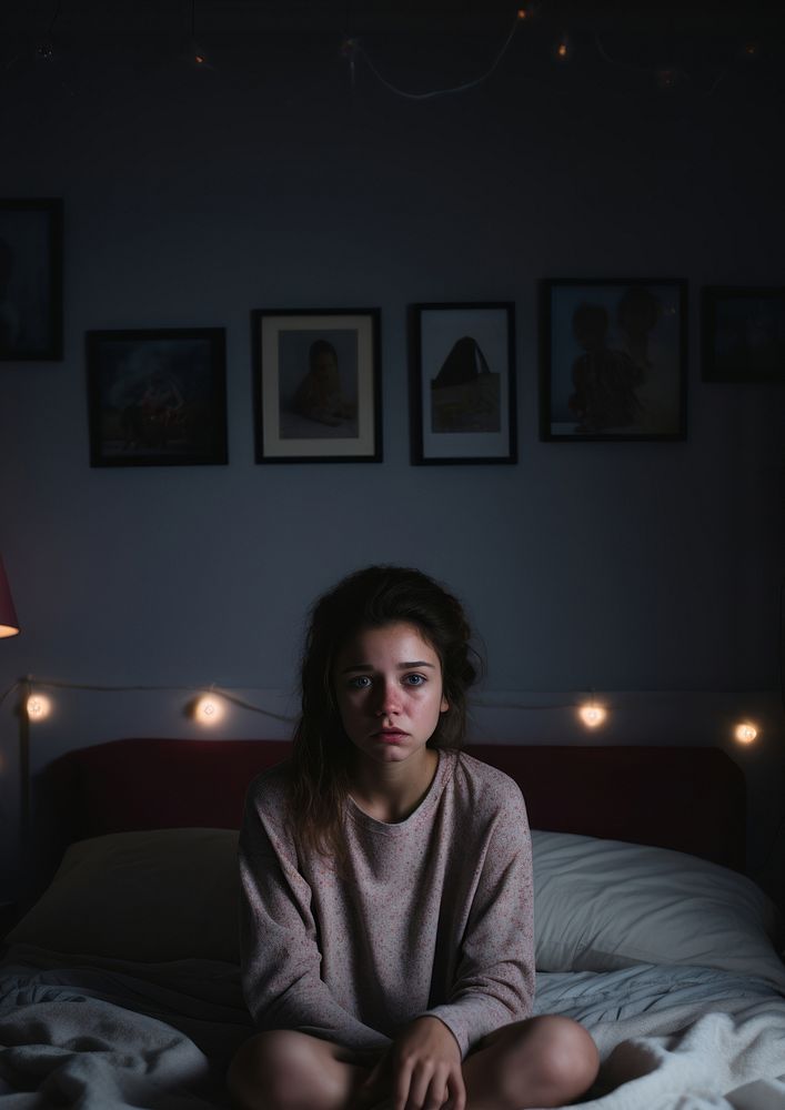 Sad teenager furniture portrait bedroom. AI generated Image by rawpixel.