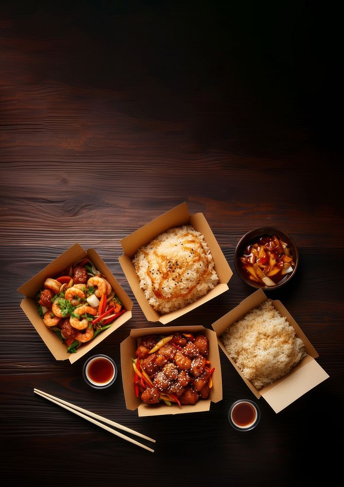 Chinese take-out food chopsticks meal meat. 