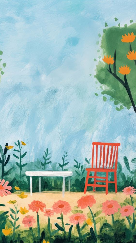 Garden scene furniture painting outdoors. 