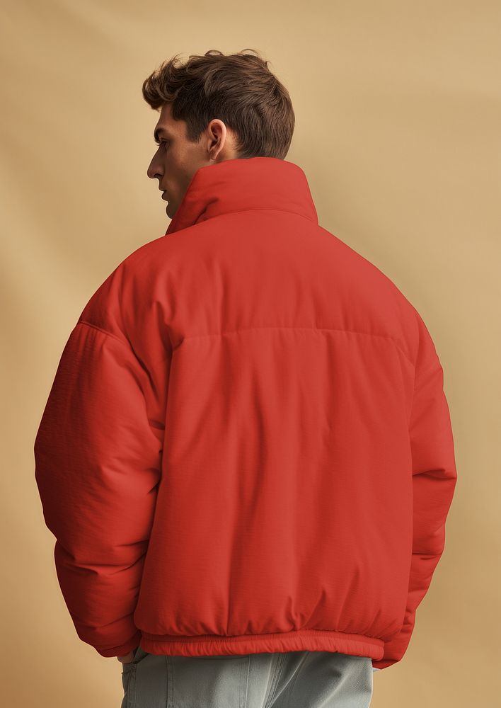 Red puffer jacket, winter apparel