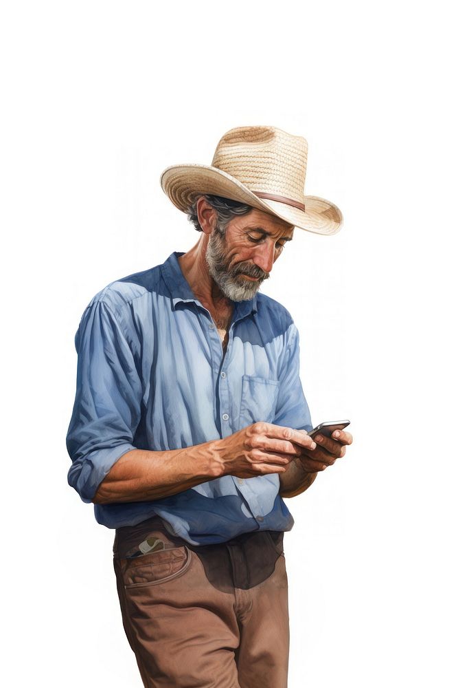 Farmer using smartphone adult hat white background. AI generated Image by rawpixel.