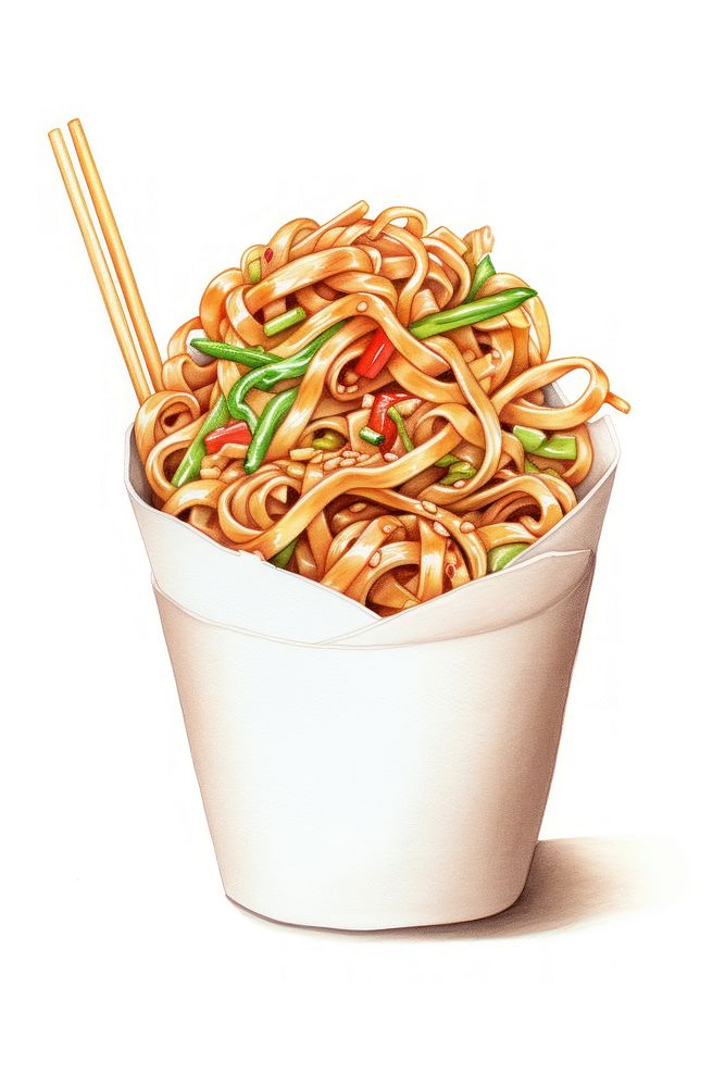 Digital paint illustration Of Wok noodle box chopsticks food white background. AI generated Image by rawpixel.