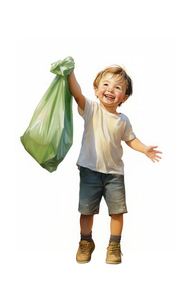 A joyful kid proudly holding a green garbage bag child plastic white background. AI generated Image by rawpixel.