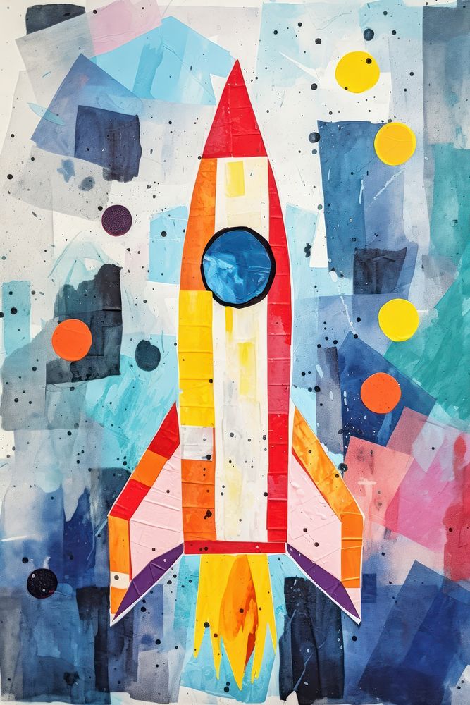 Ripped paper collage Launching rocket art painting.