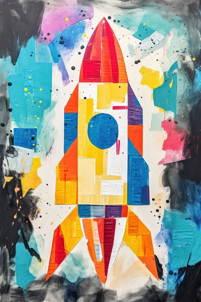 Ripped paper collage Launching rocket art painting. 