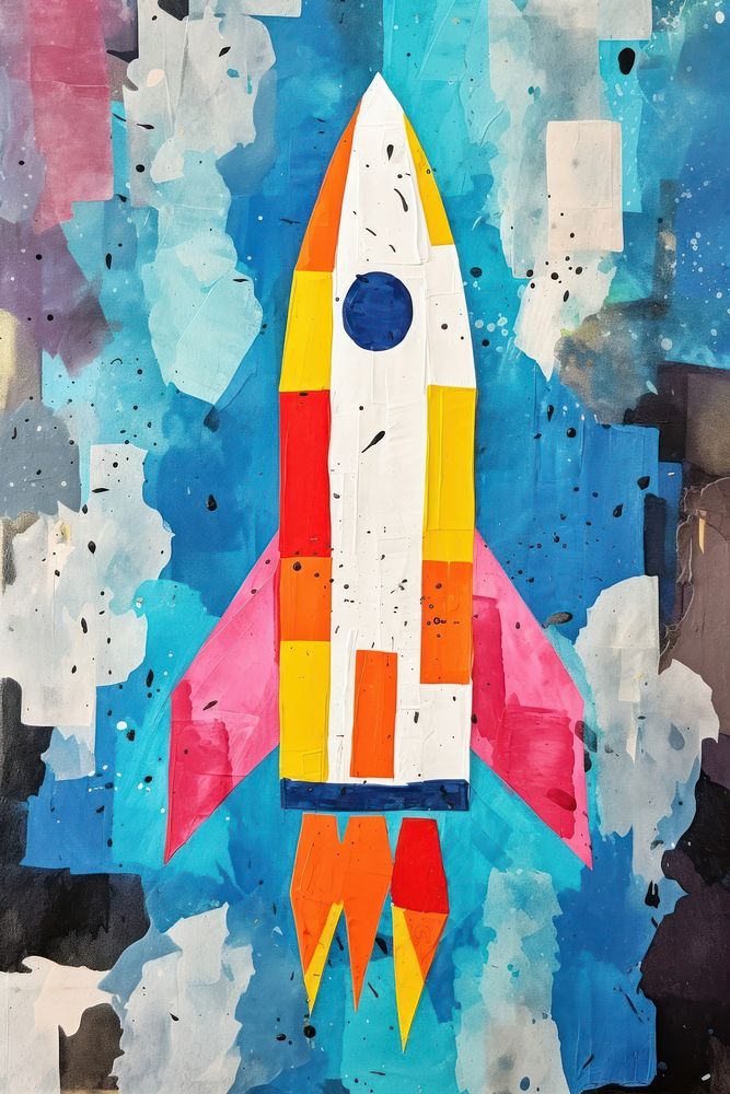 Ripped paper collage Launching rocket art painting.