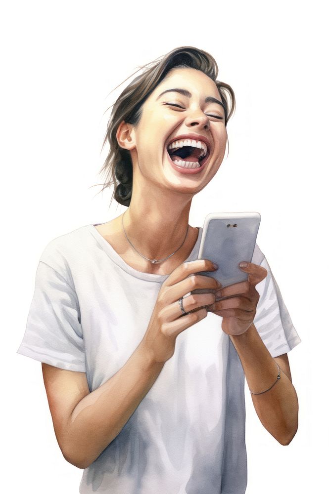 Laughing adult phone white background. AI generated Image by rawpixel.