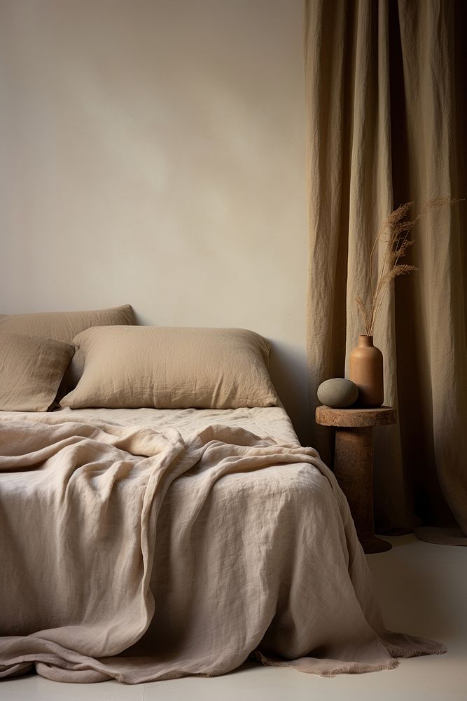 Beige linen bed top simplicity furniture textile. AI generated Image by rawpixel.