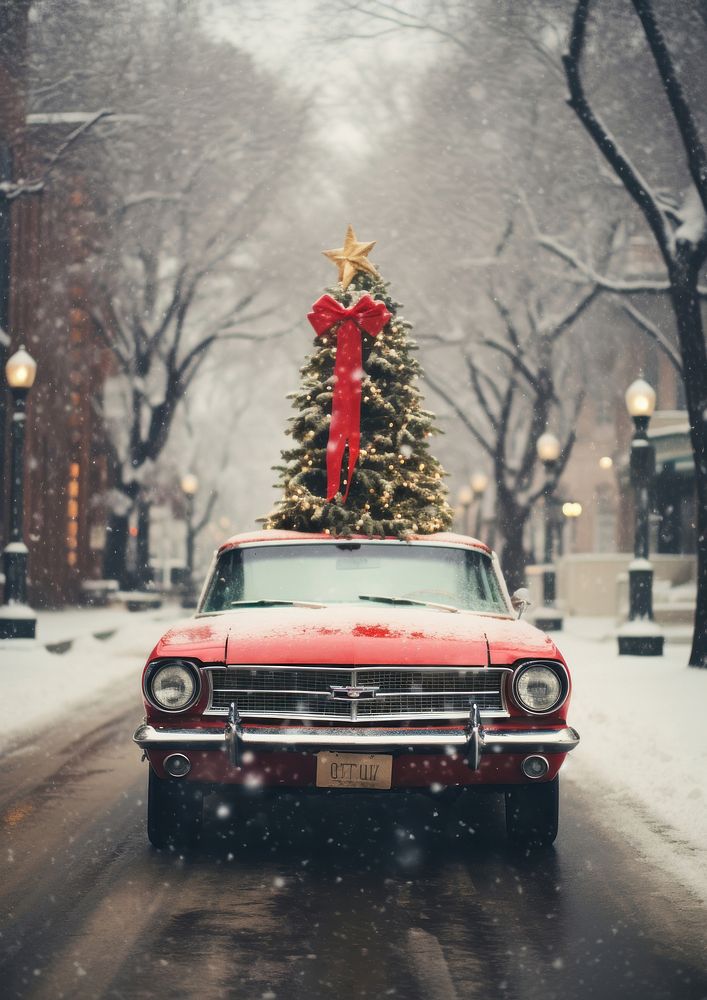 Red vintage car carry christmas tree city outdoors vehicle. AI generated Image by rawpixel.
