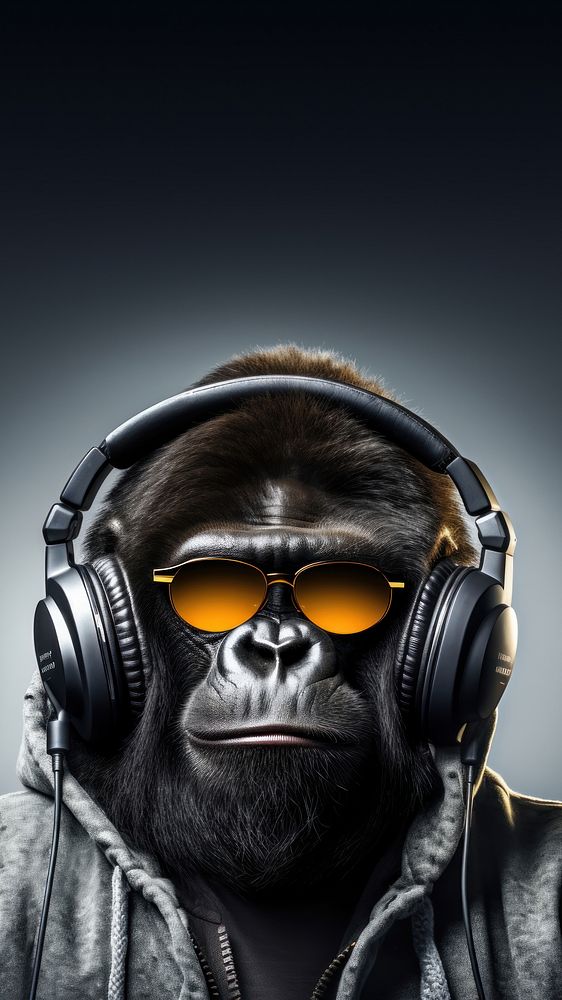 Gorilla headphones sunglasses portrait. 