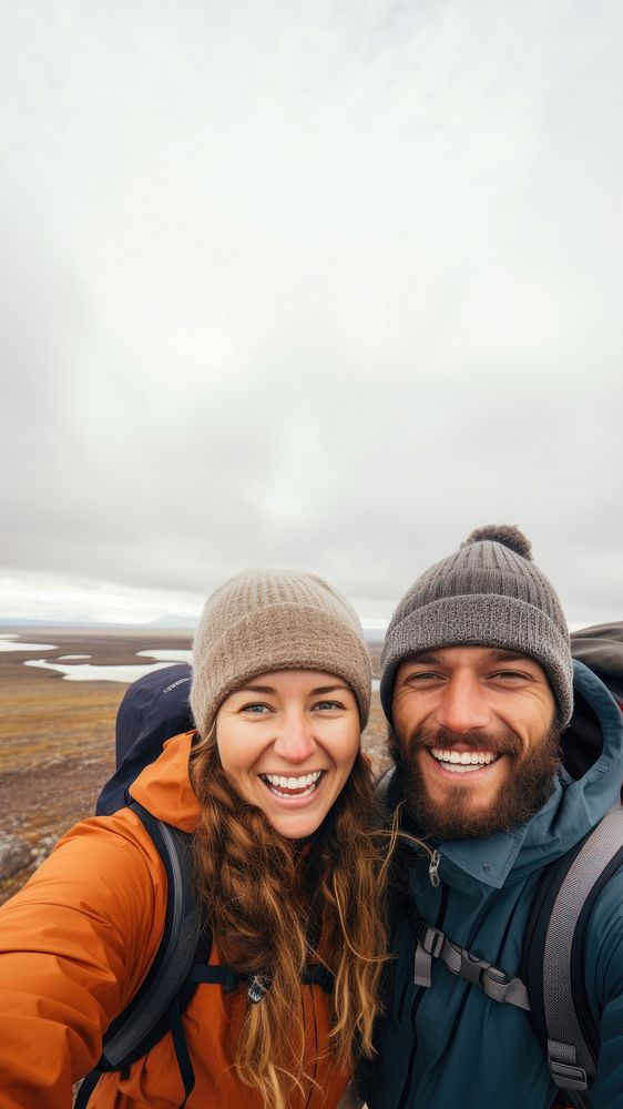 Couple traveler adventure portrait outdoors. 