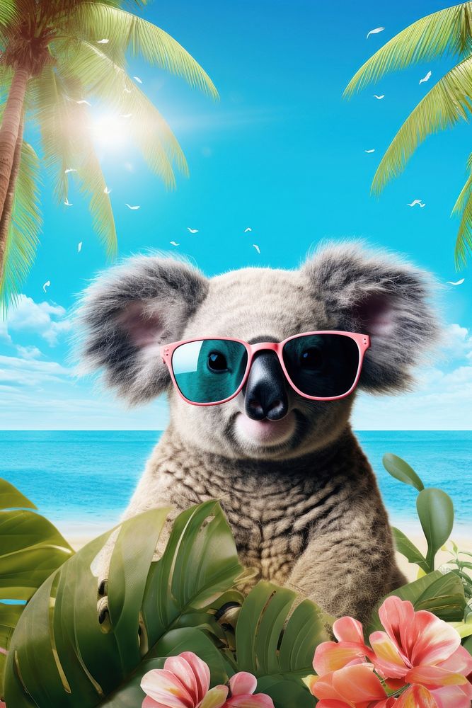 A cute koala wearing summer sunglasses outdoors nature mammal. 