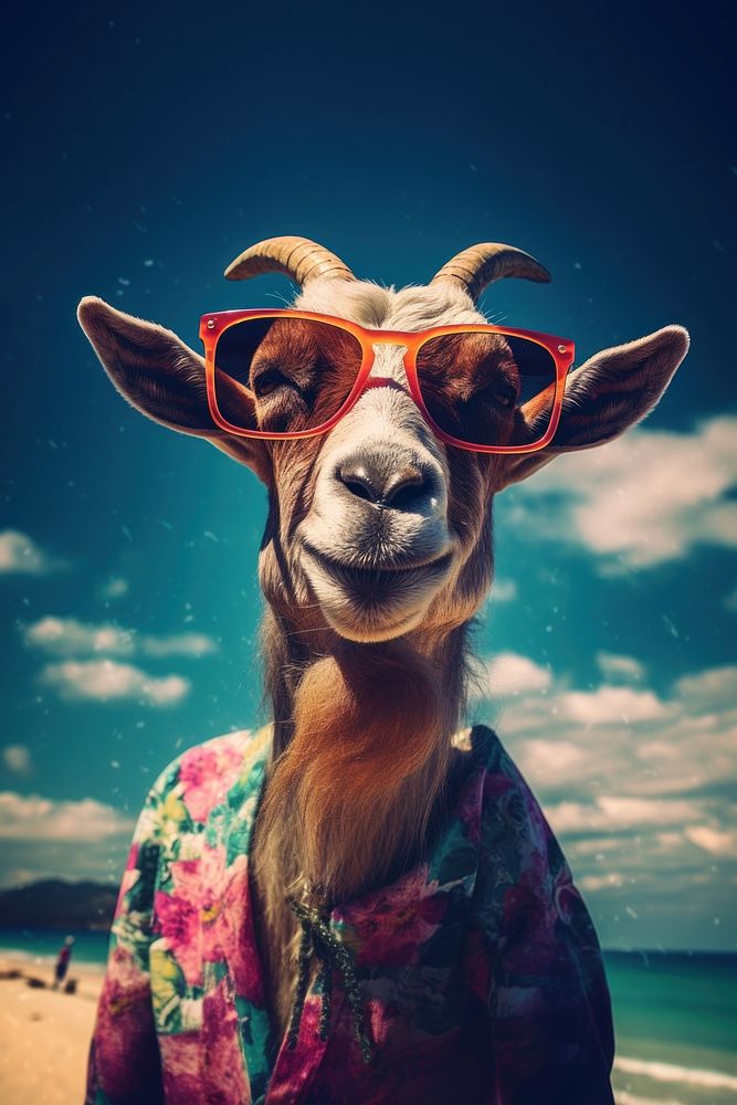 A goat wearing summer sunglasses livestock portrait outdoors. AI generated Image by rawpixel.