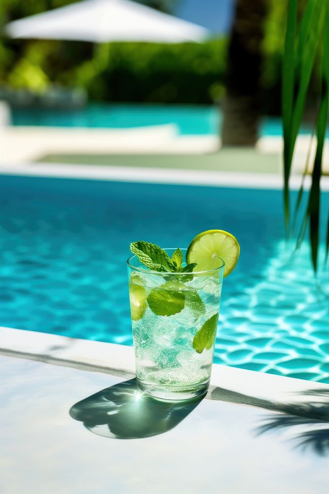 a photo of a mojito cocktail laying near a cool blue pool. AI generated Image by rawpixel. 