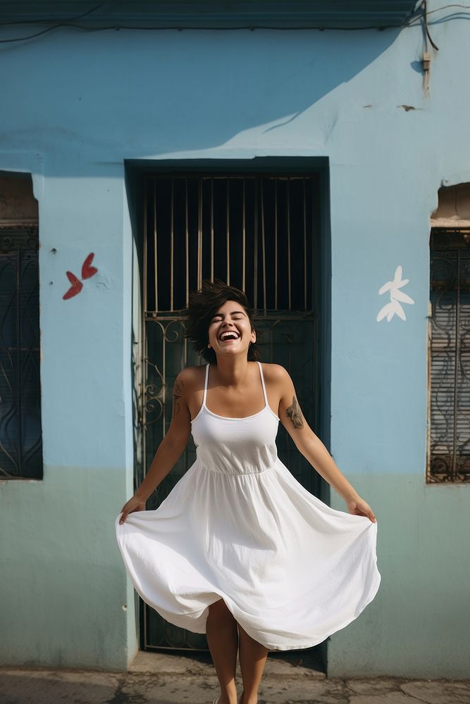 Short hair woman wearing white dress outdoors fashion adult. 