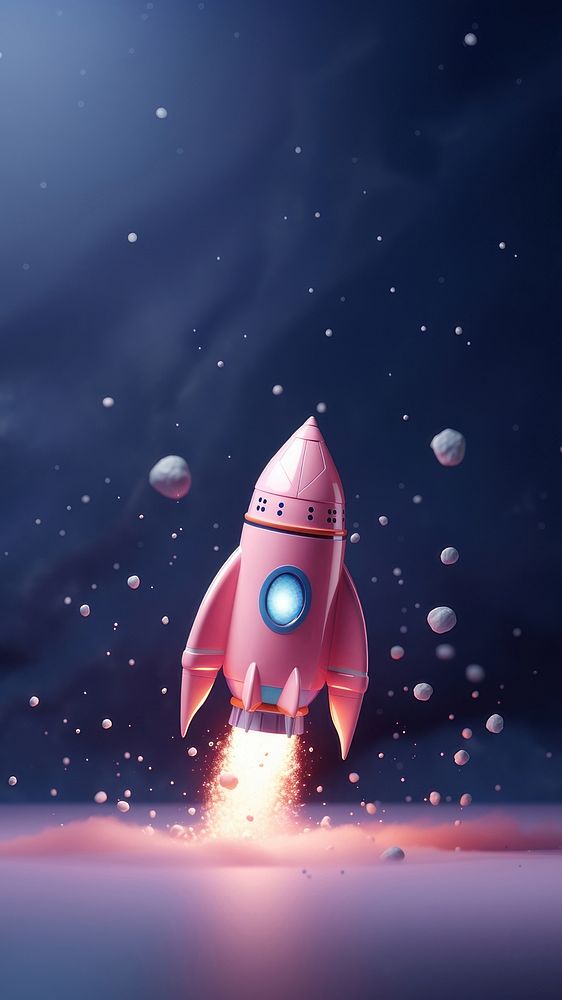 3D illustration of a space rocket, floating in galaxy, cute, minimal.  