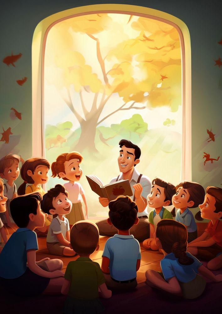 Teacher telling story cartoon adult togetherness. 