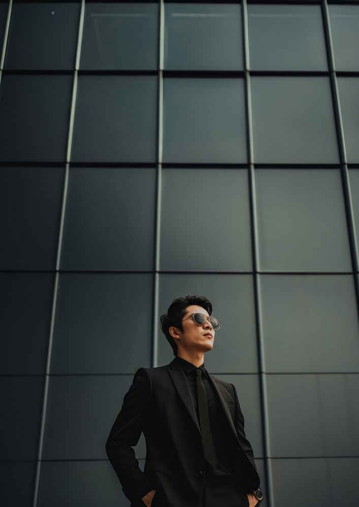 Photo of asian men look up the same way, wear suit and sunglasses. AI generated Image by rawpixel. 