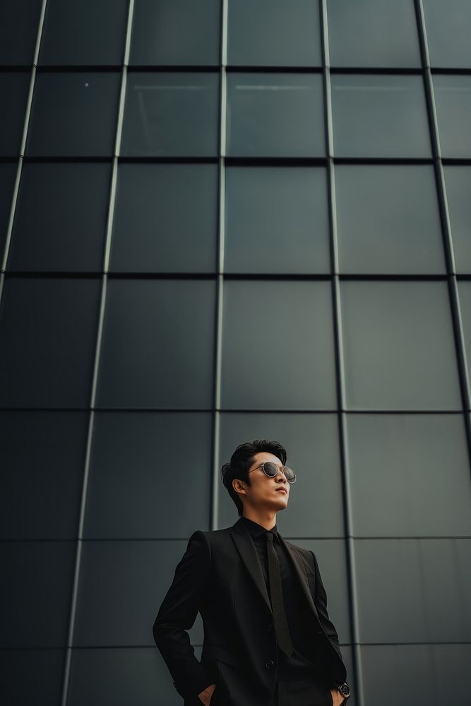 Photo of asian men look up the same way, wear suit and sunglasses. AI generated Image by rawpixel. 