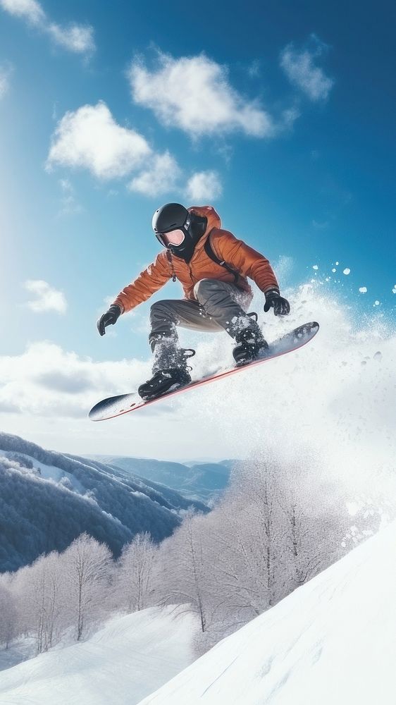 a photo of the man jumping with snowboard from the hill. AI generated Image by rawpixel. 